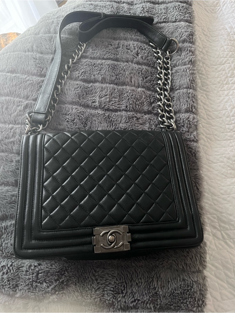 Black Quilted Shoulder Bag with Silver Chain Strap